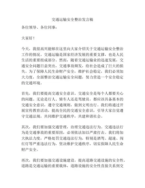 交通运输安全整治发言稿