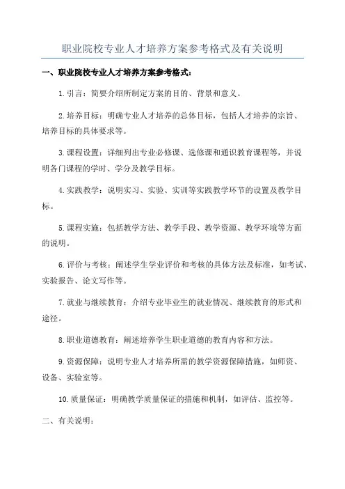 职业院校专业人才培养方案参考格式及有关说明