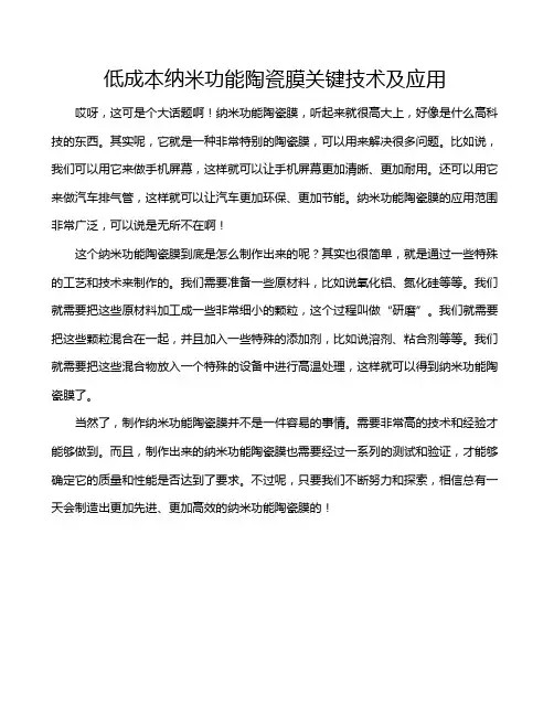低成本纳米功能陶瓷膜关键技术及应用