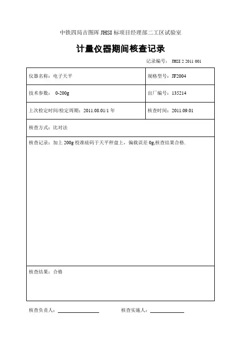2011年计量仪器期间核查记录表-