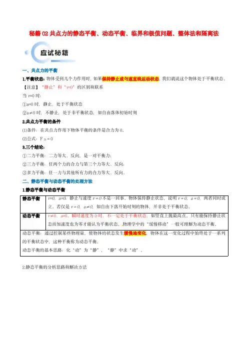 新高考备战2024年高考物理抢分秘籍02共点力的静态平衡动态平衡临界和极值问题整体法和隔离法教师届