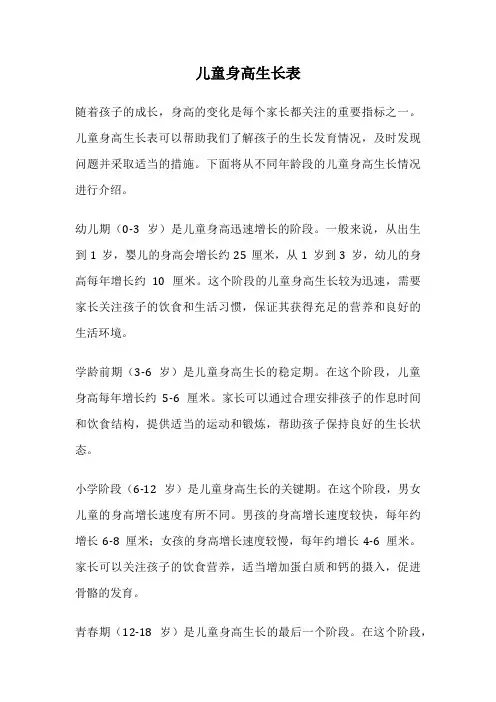 儿童身高生长表