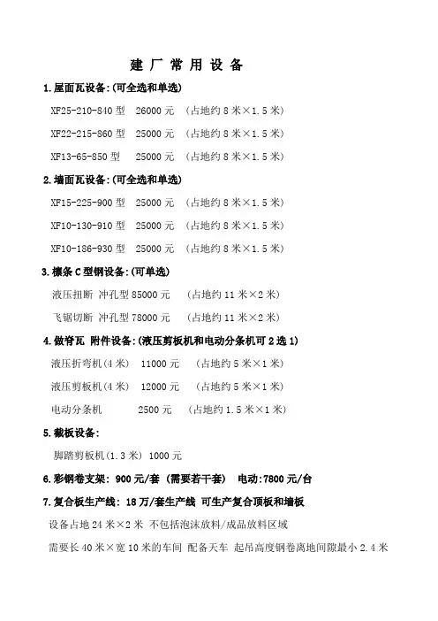 彩钢瓦建厂设备清单及报价