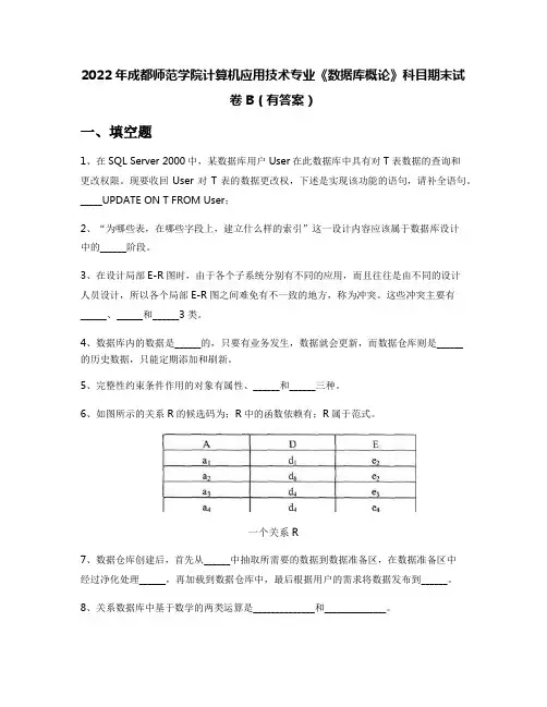 2022年成都师范学院计算机应用技术专业《数据库概论》科目期末试卷B(有答案)