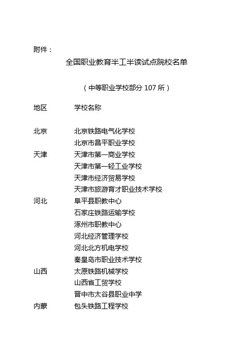 全国职业教育半工半读试点院校名单(中等职业学校部分107所)