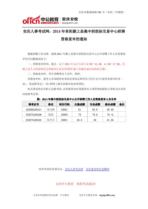 安庆人事考试网：2014年阜阳颍上县集中招投标交易中心招聘资格复审的通知