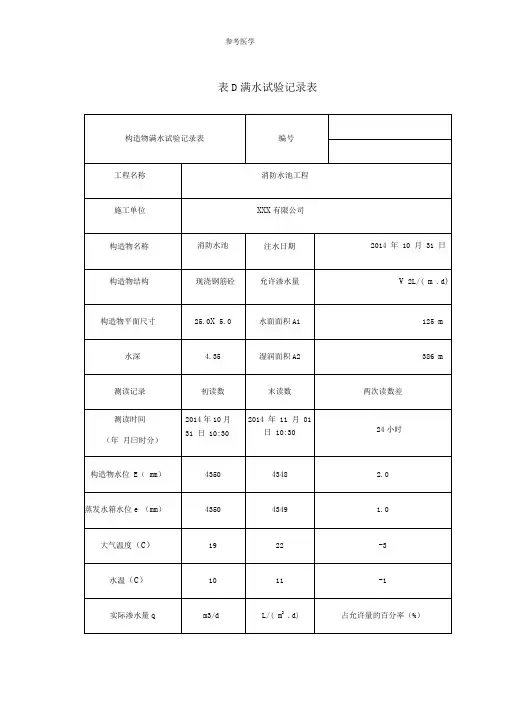 表D满水试验记录表