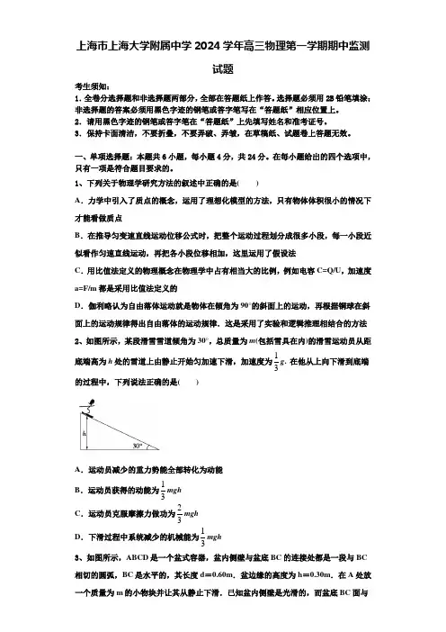 上海市上海大学附属中学2024学年高三物理第一学期期中监测试题含解析