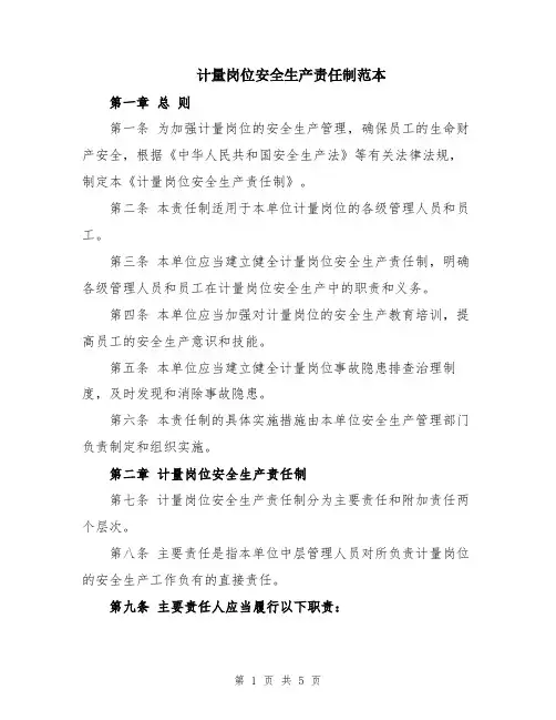 计量岗位安全生产责任制范本