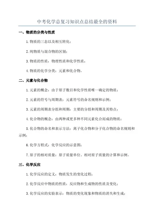 中考化学总复习知识点总结最全的资料