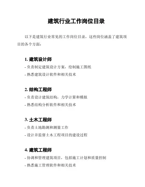 建筑行业工作岗位目录