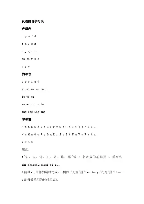 汉语拼音字母表及发音方法