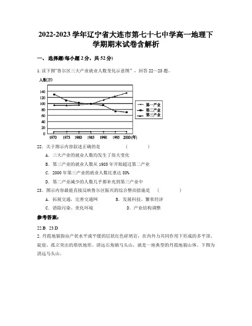 2022-2023学年辽宁省大连市第七十七中学高一地理下学期期末试卷含解析
