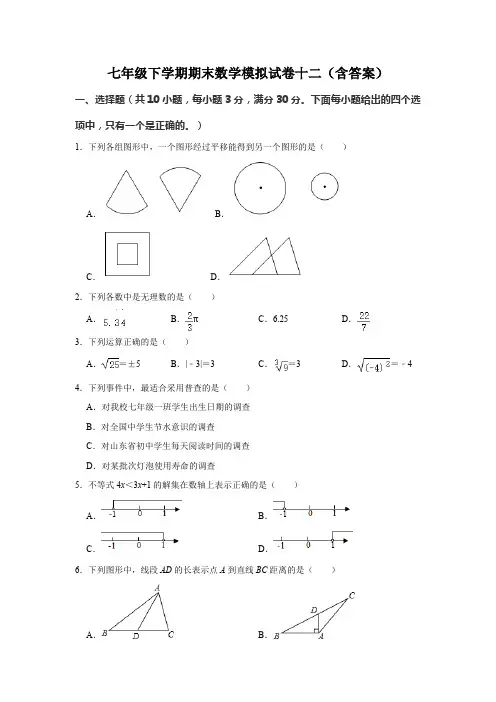 七年级下学期期末数学模拟试卷十二(含答案)
