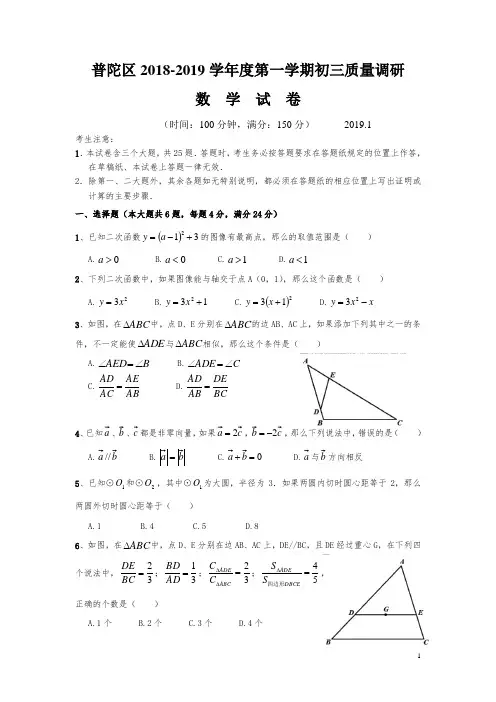 上海市普陀区2019届九年级上学期期末一模数学试题及答案