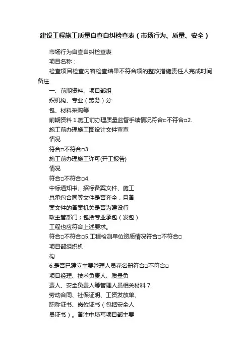 建设工程施工质量自查自纠检查表（市场行为、质量、安全）