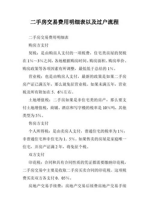 二手房交易费用明细表以及过户流程