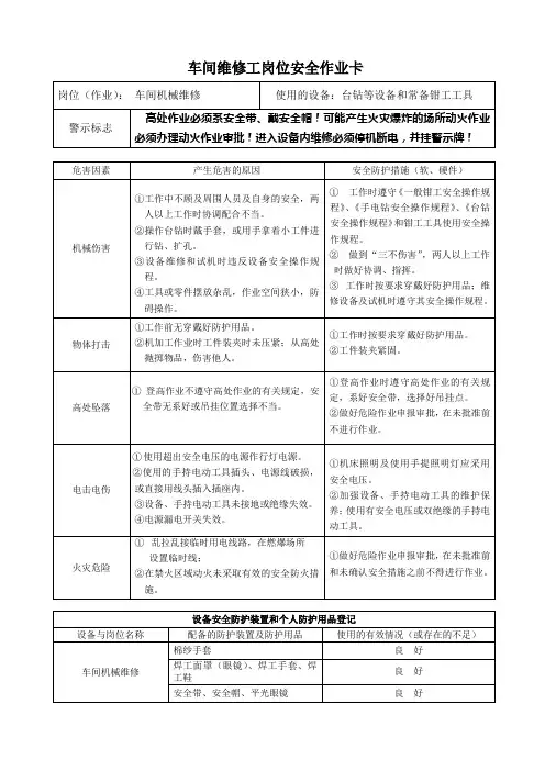 岗位安全作业卡-车间机械维修