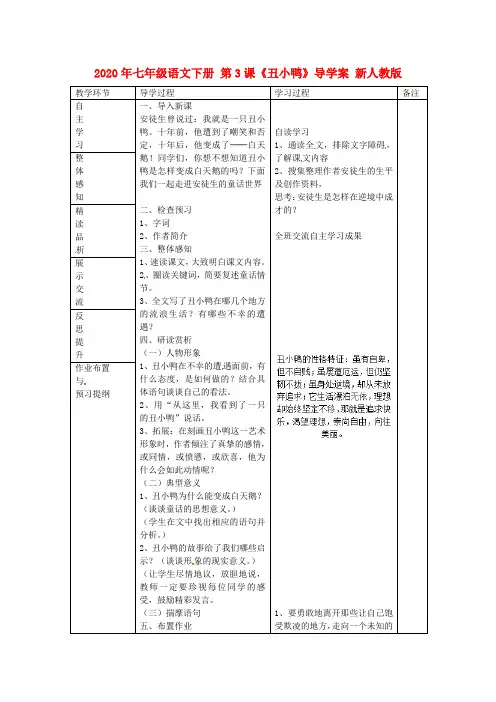2020年七年级语文下册 第3课《丑小鸭》导学案 新人教版.doc