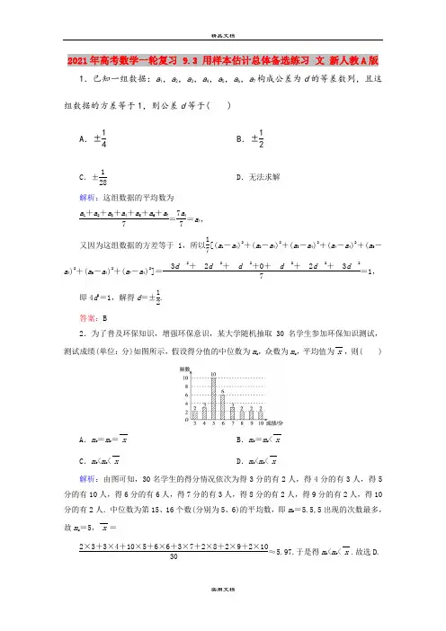 2021年高考数学一轮复习 9.3 用样本估计总体备选练习 文 新人教A版