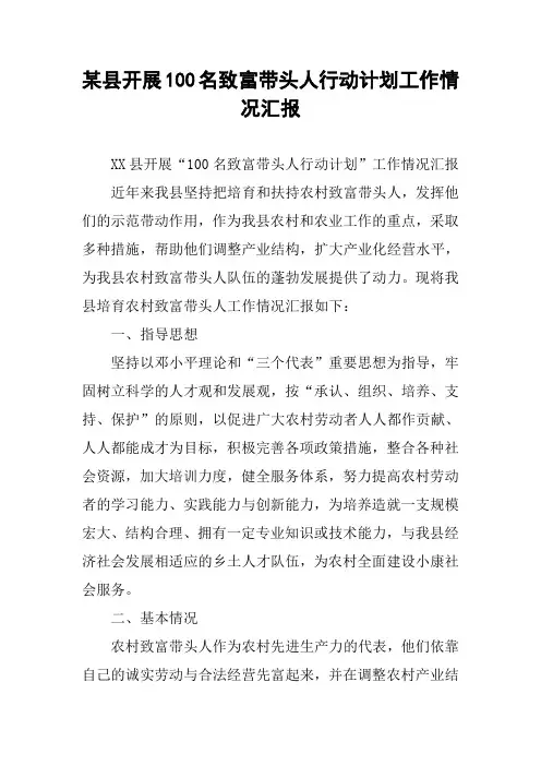 某县开展100名致富带头人行动计划工作情况汇报