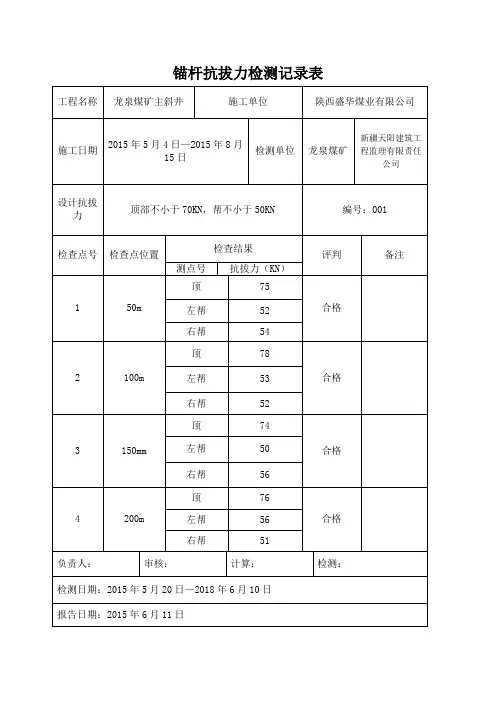 锚杆抗拔力检测记录表