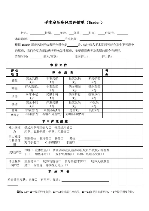 手术室压疮风险评估单