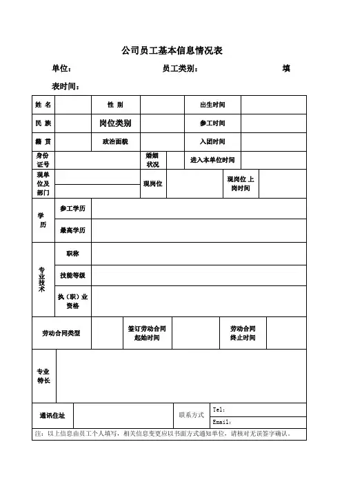 公司员工基本信息表格模板