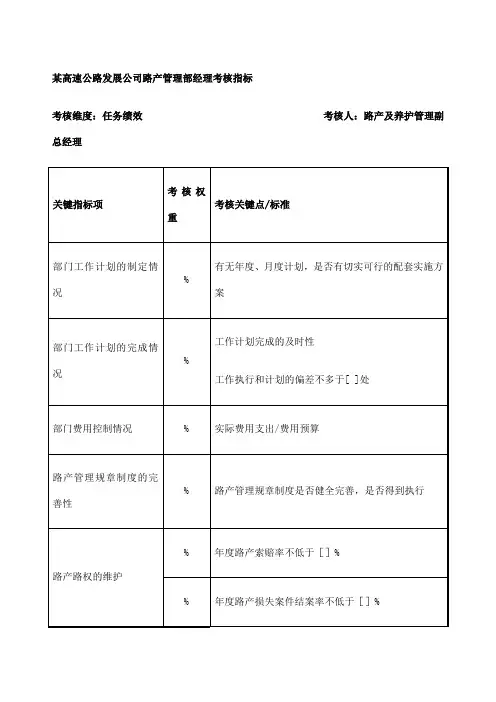 高速公路发展公司路产管理部经理考核指标