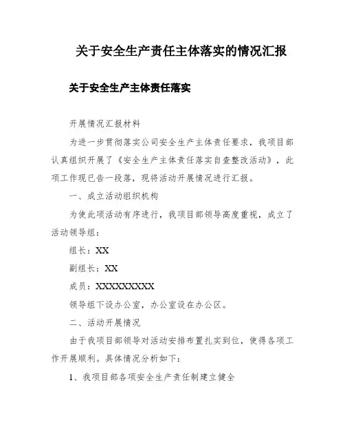 关于安全生产责任主体落实的情况汇报