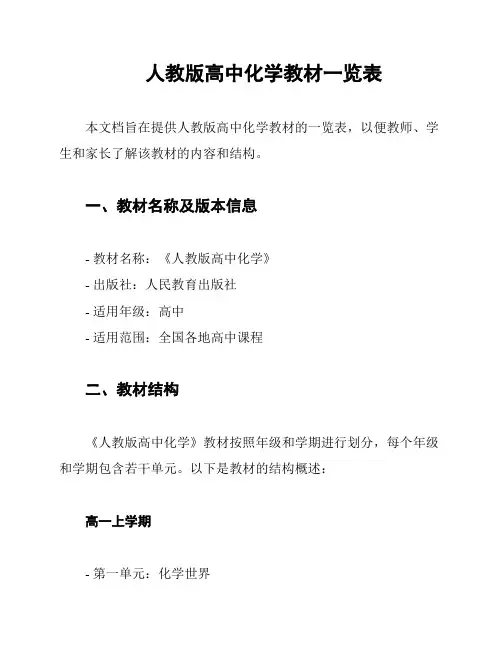 人教版高中化学教材一览表