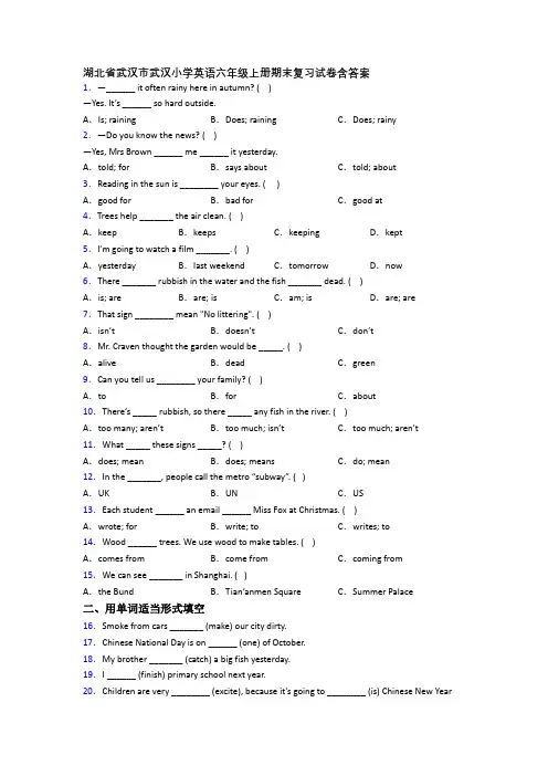湖北省武汉市武汉小学英语六年级上册期末复习试卷含答案