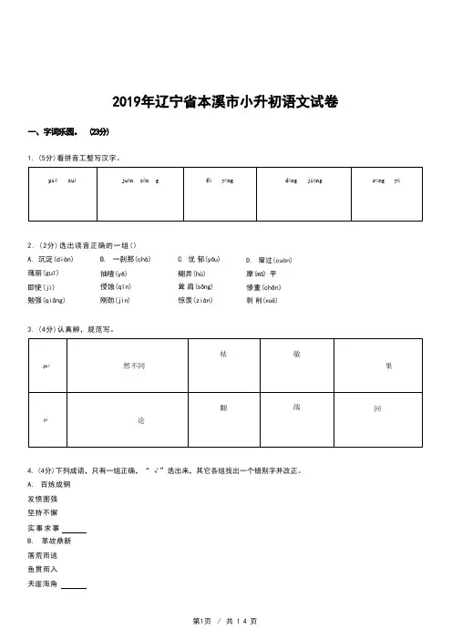 2019年辽宁省本溪市小升初语文试卷