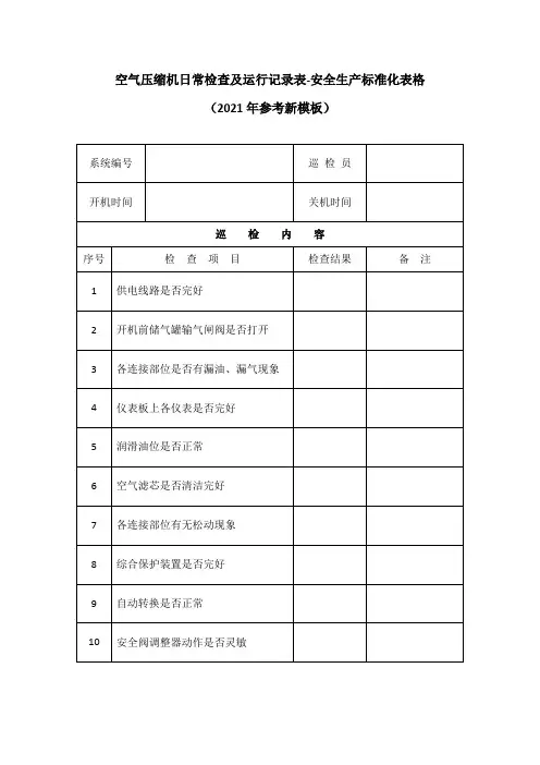 空气压缩机日常检查及运行记录表-安全生产标准化表格(2021年参考新模板)