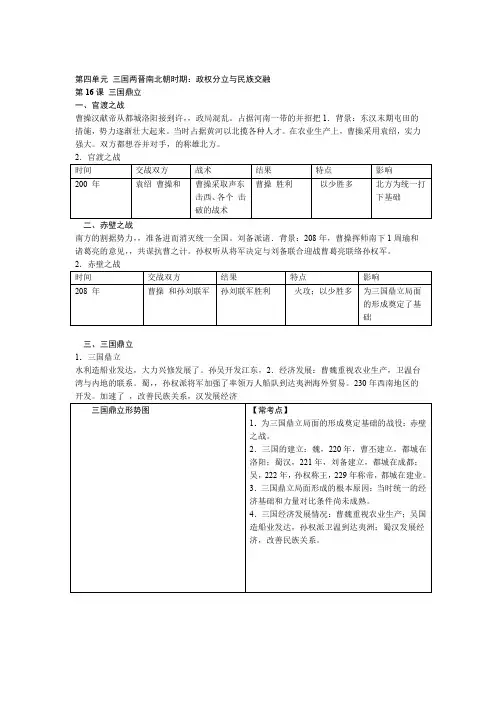 2019部编人教版七年级历史上册第四单元 三国两晋南北朝时期政权分立与民族交融知识梳理语文