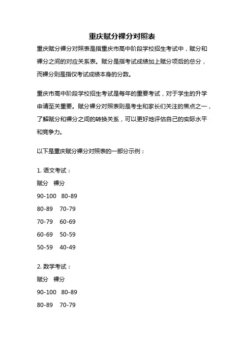 重庆赋分裸分对照表