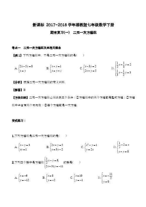 【新课标】2018年最新湘教版七年级数学下册期末专题复习《二元一次方程组》及答案解析