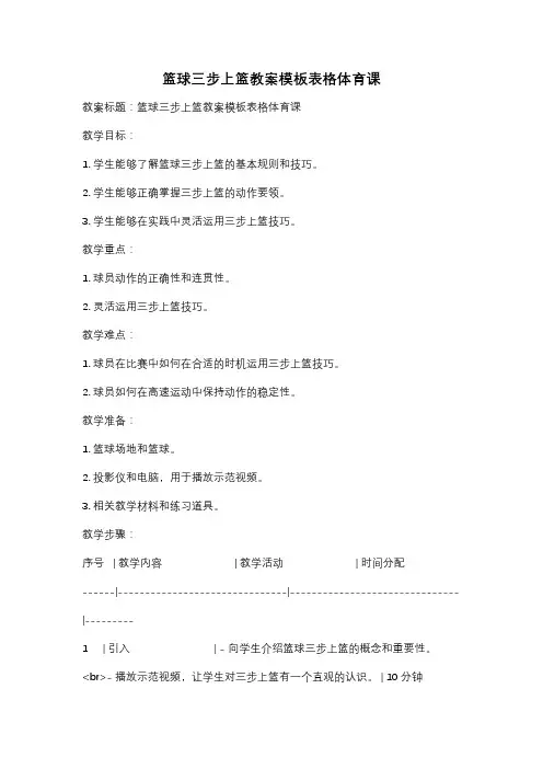 篮球三步上篮教案模板表格体育课