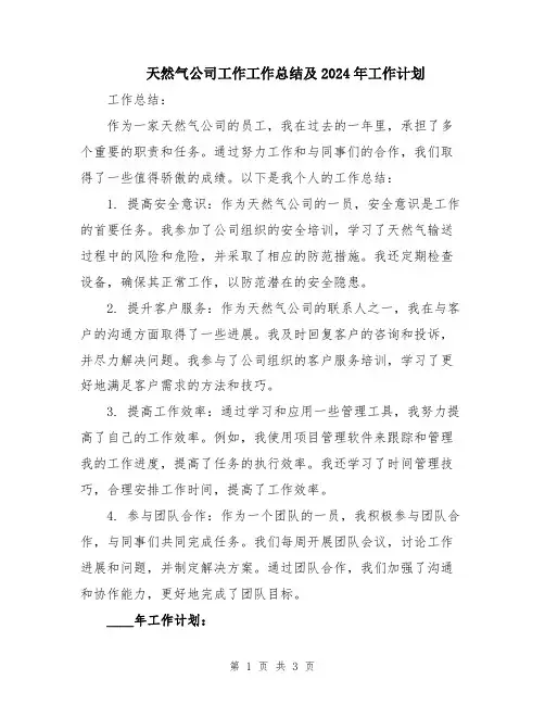 天然气公司工作工作总结及2024年工作计划