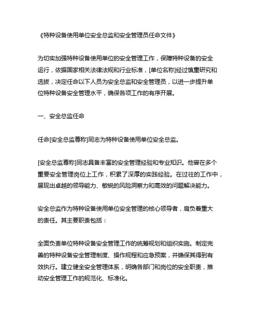 特种设备使用单位安全总监和安全管理员任命文件