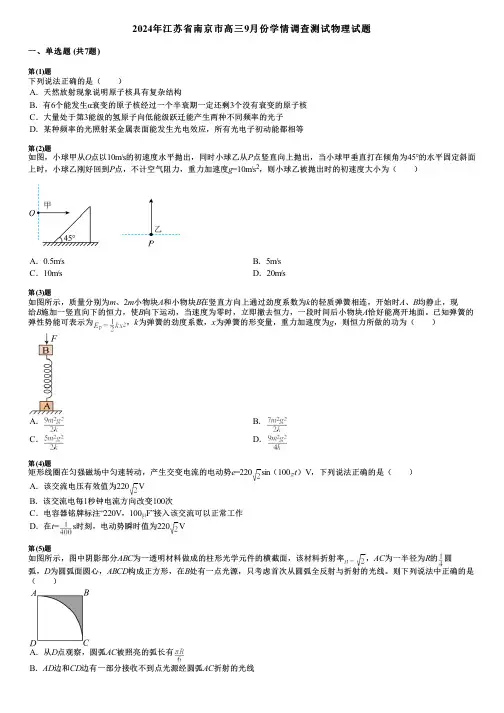 2024年江苏省南京市高三9月份学情调查测试物理试题