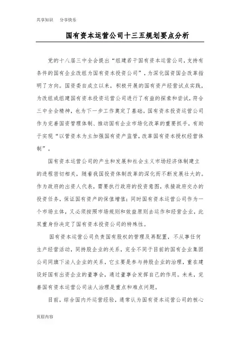 国有资本运营公司十三五规划要点分析