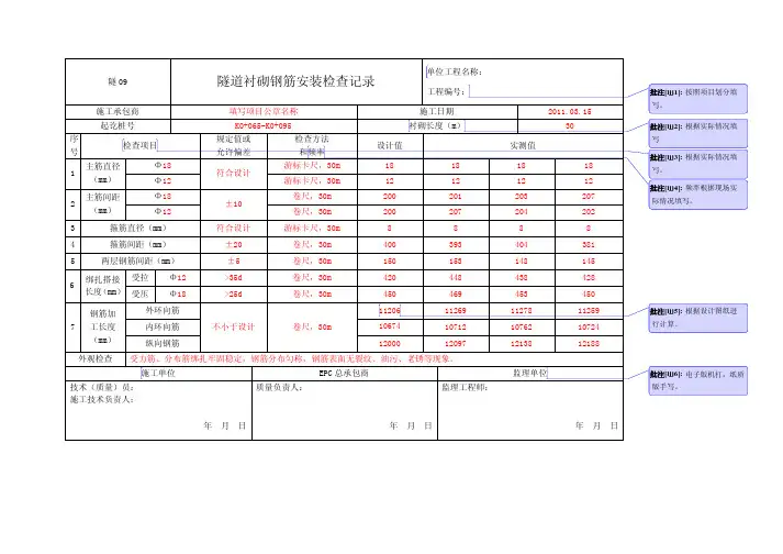 隧09 隧道衬砌钢筋安装检查记录