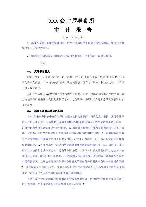 无法表示意见的财务报表审计报告(单体)