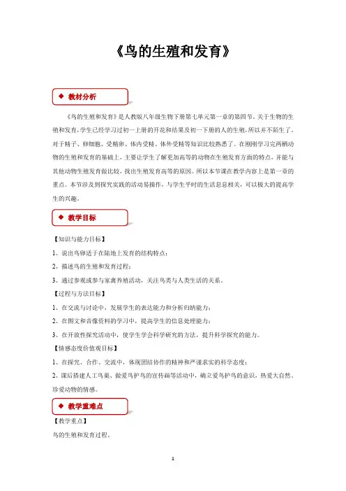 人教版八年级生物下册教学设计 鸟的生殖和发育教案