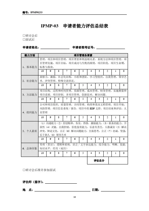 国际项目管理资格认证_IPMP管理手册_认证管理篇_IPMP-03 申请者能力评估总结表(IPMP0233)
