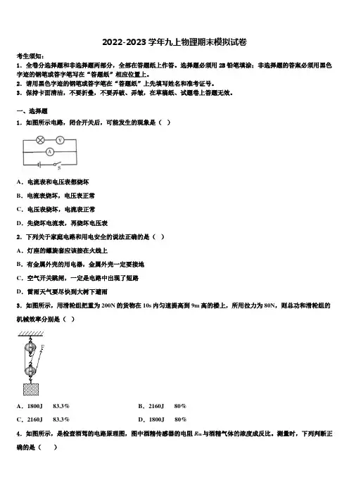 2023届福建省厦门市物理九年级第一学期期末质量检测模拟试题含解析