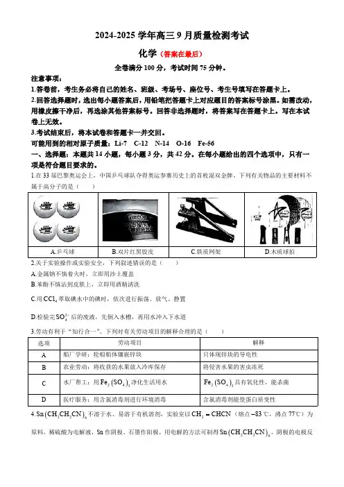 河南省濮阳市2024-2025学年高三上学期9月质量检测考试 化学含答案