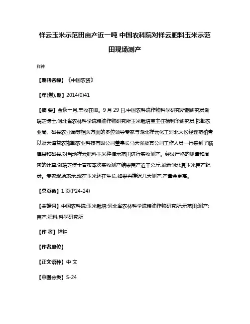 祥云玉米示范田亩产近一吨 中国农科院对祥云肥料玉米示范田现场测产