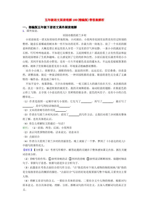 五年级语文阅读理解100(精编版)带答案解析